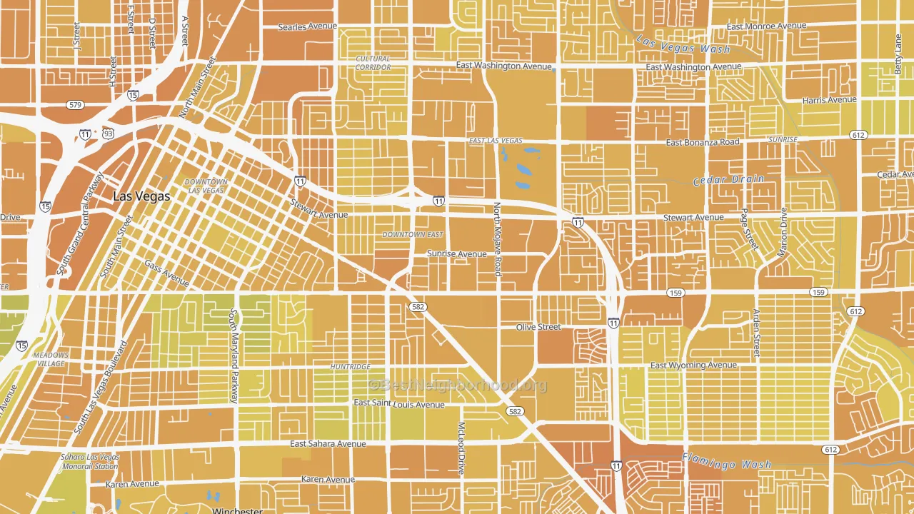 Map of the best neighborhoods in the Downtown East, Las Vegas area, with better matches in green and worse matches in red