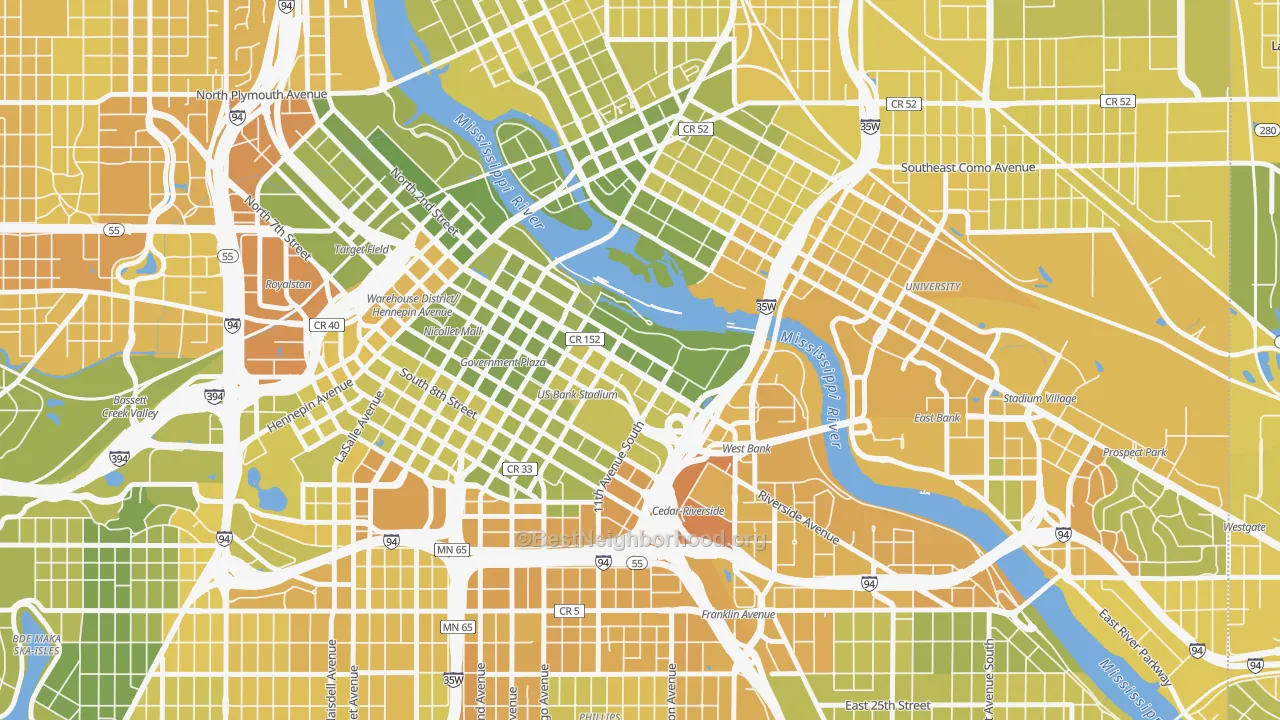 Map of the best neighborhoods in the Downtown East, Minneapolis area, with better matches in green and worse matches in red