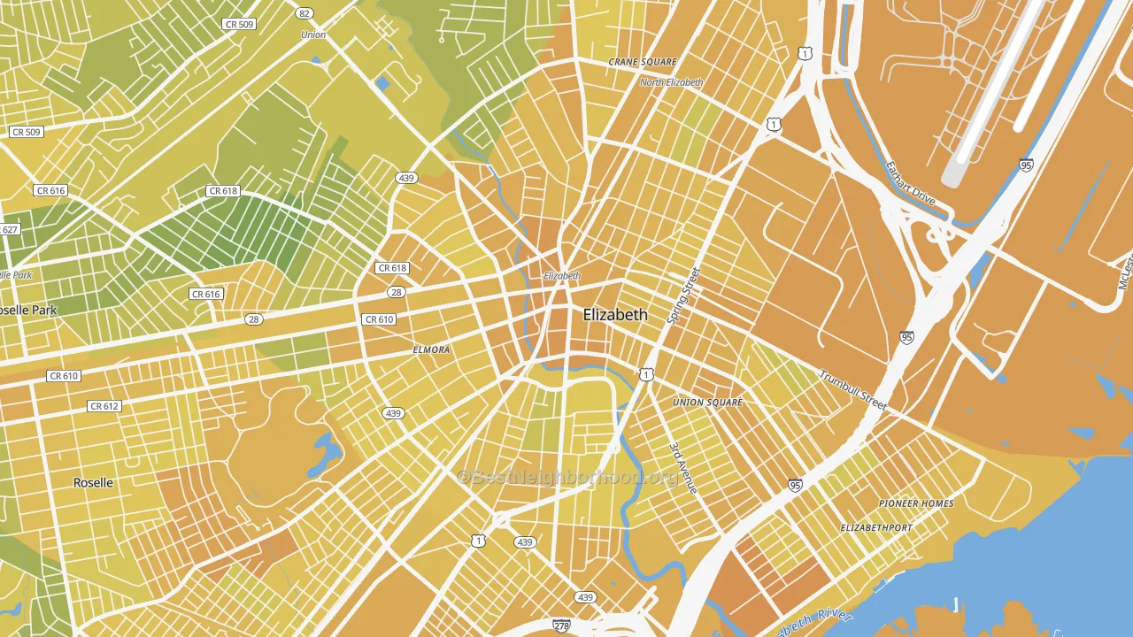 Map of the best neighborhoods in the Downtown Elizabeth, Elizabeth area, with better matches in green and worse matches in red