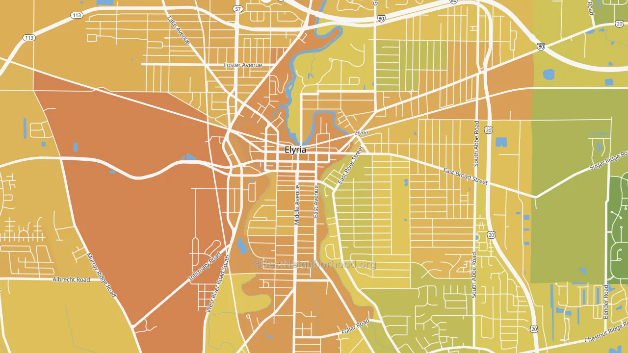 Map of the best neighborhoods in the Downtown Elyria, Elyria area, with better matches in green and worse matches in red