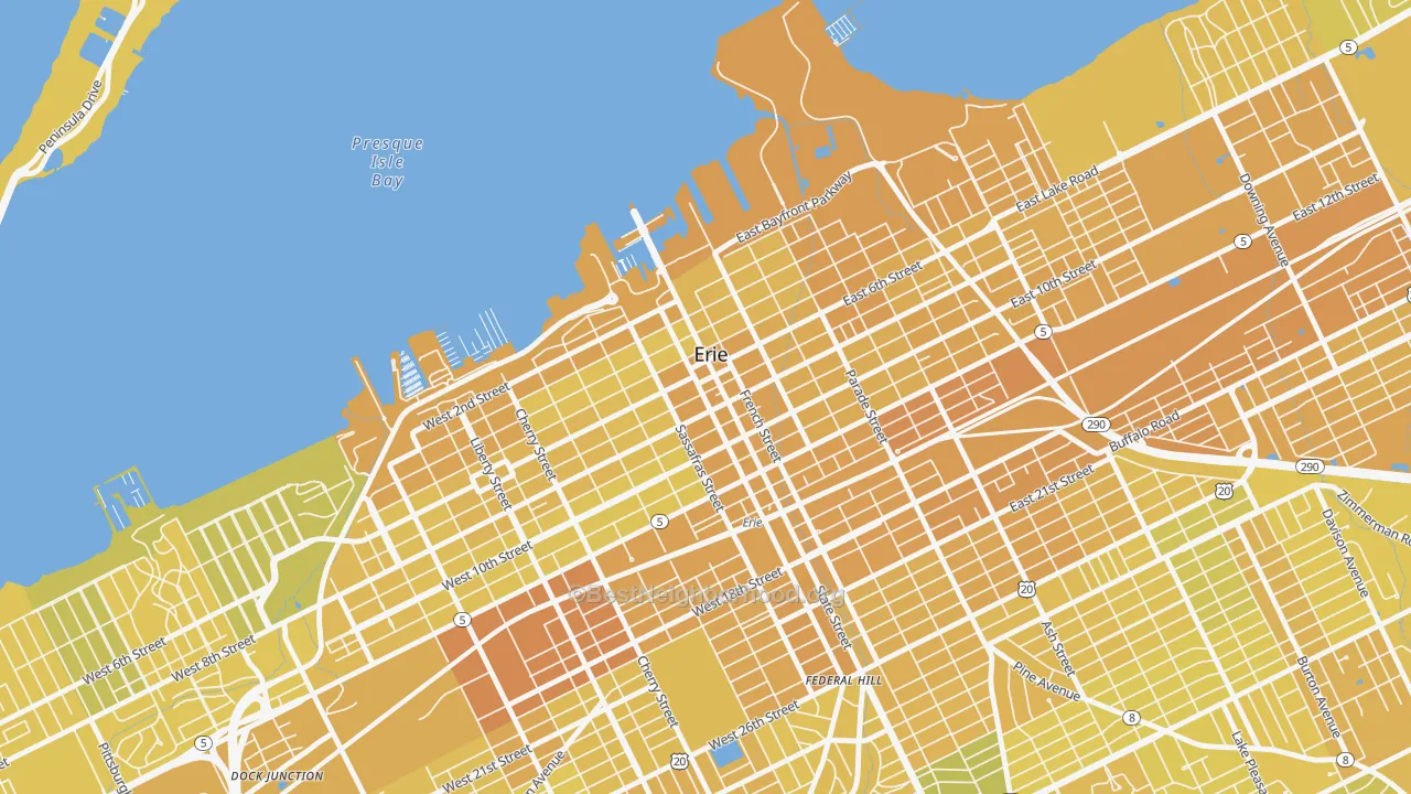 Map of the best neighborhoods in the Downtown Erie, Erie area, with better matches in green and worse matches in red