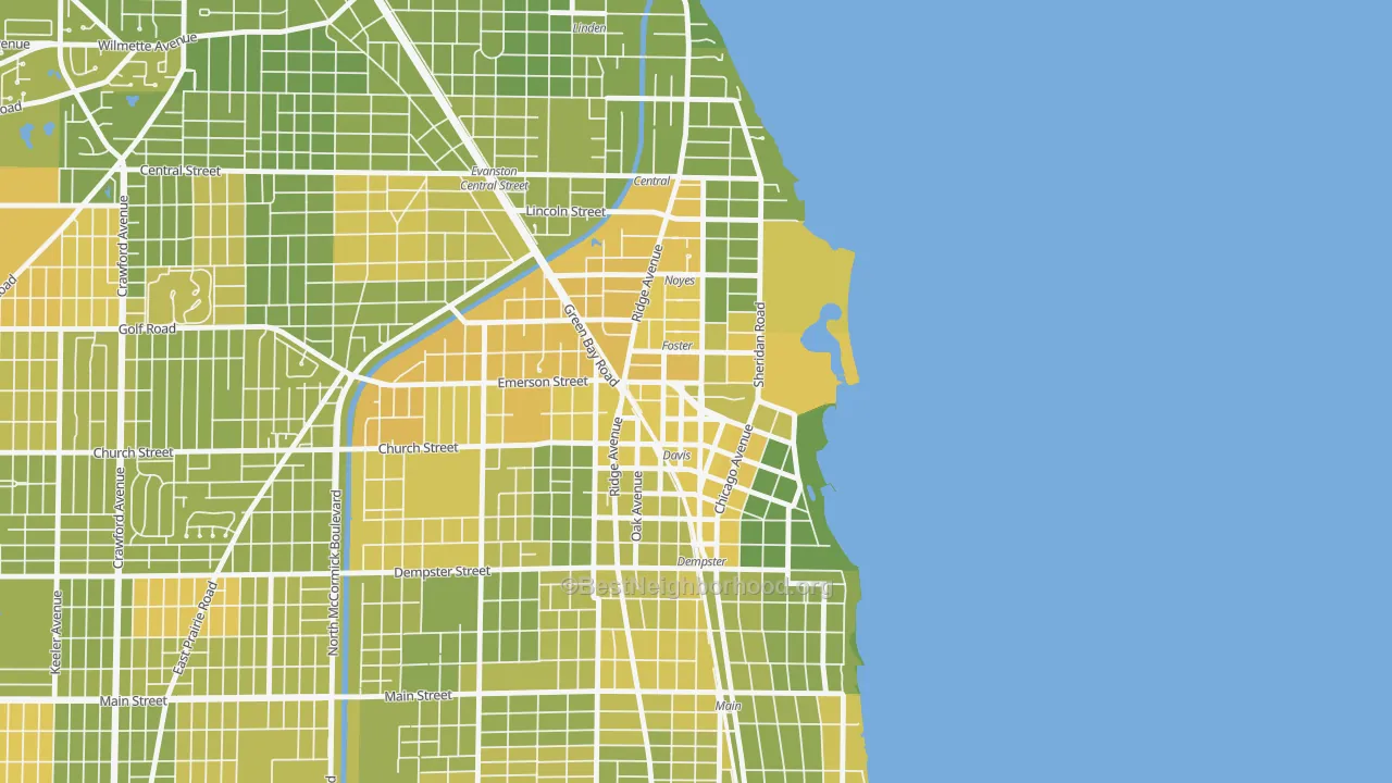 Map of the best neighborhoods in the Downtown, Evanston area, with better matches in green and worse matches in red