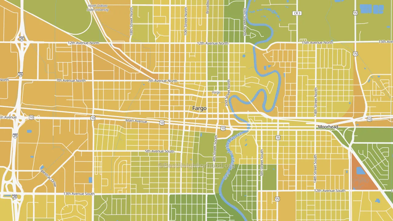 Map of the best neighborhoods in the Downtown Fargo, Fargo area, with better matches in green and worse matches in red