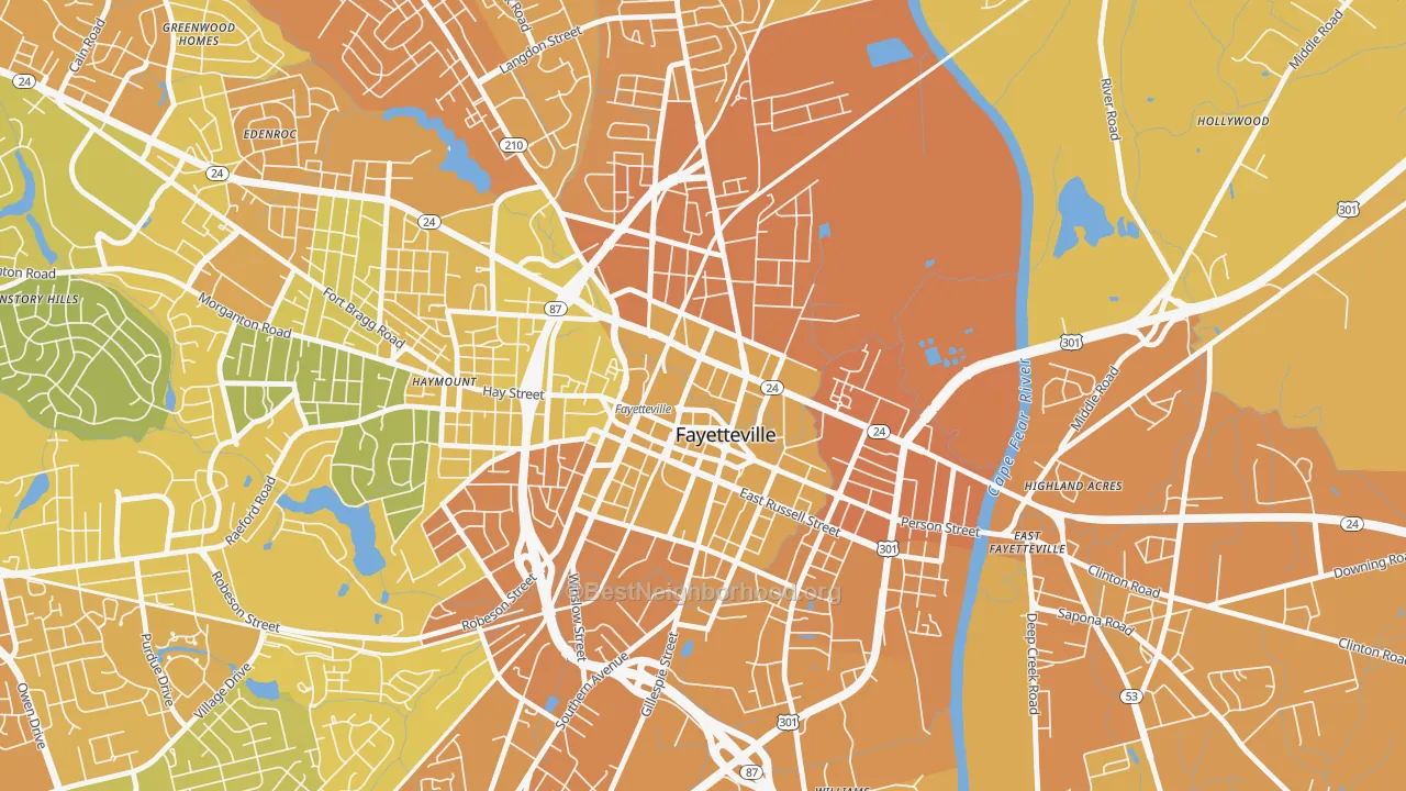 Map of the best neighborhoods in the Downtown Fayetteville, Fayetteville area, with better matches in green and worse matches in red