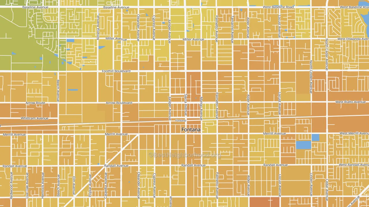 Map of the best neighborhoods in the Downtown Fontana, Fontana area, with better matches in green and worse matches in red
