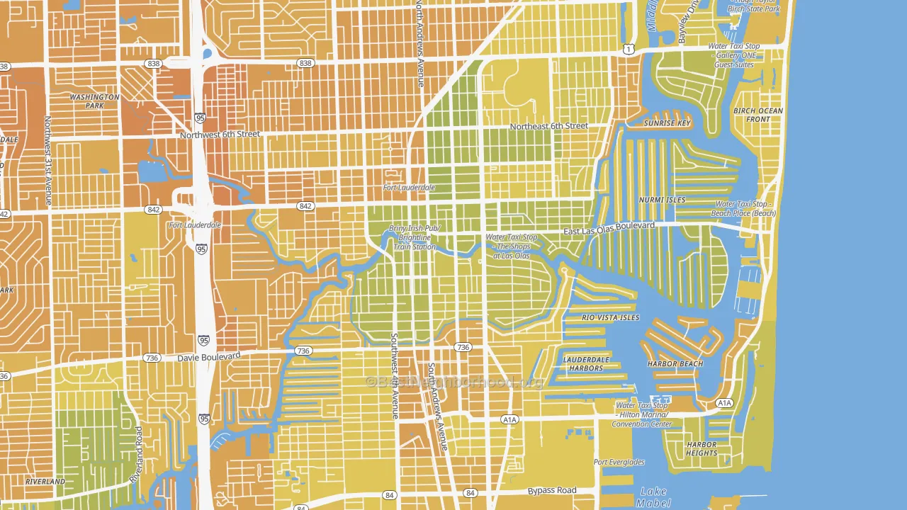 Map of the best neighborhoods in the Downtown Fort Lauderdale, Fort Lauderdale area, with better matches in green and worse matches in red