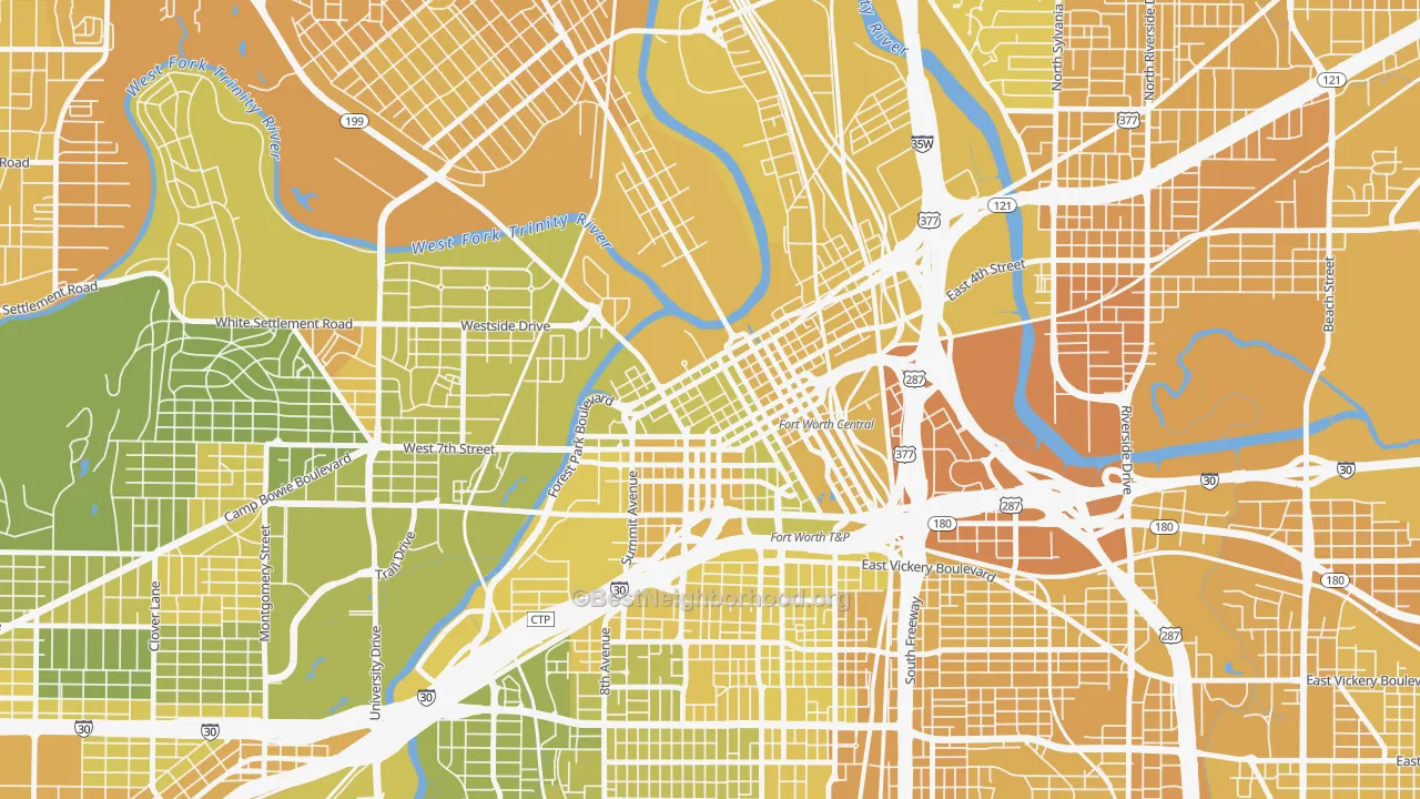 Map of the best neighborhoods in the Downtown Fort Worth, Fort Worth area, with better matches in green and worse matches in red