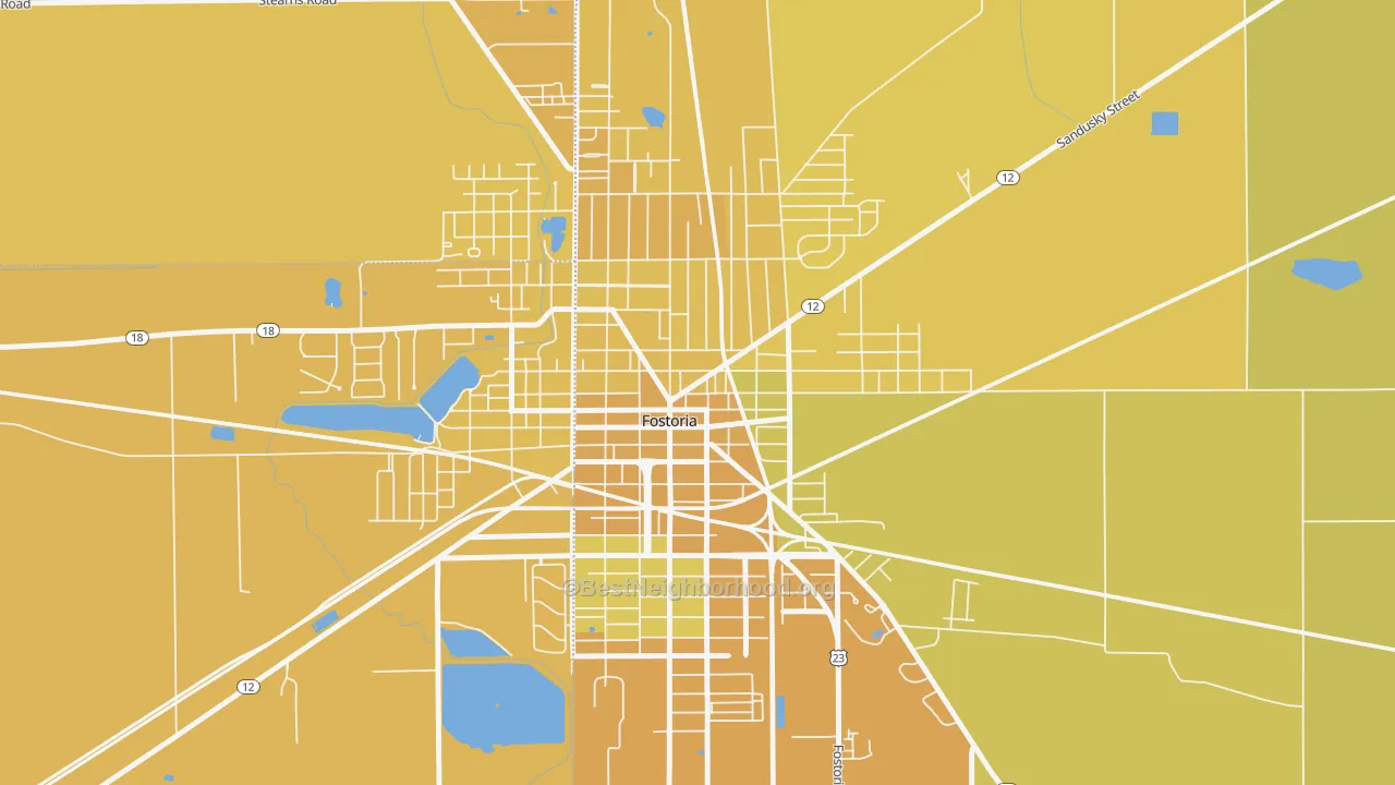Map of the best neighborhoods in the Downtown Fostoria, Fostoria area, with better matches in green and worse matches in red