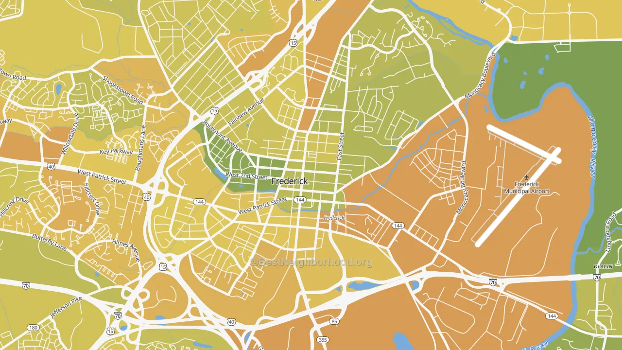 Map of the best neighborhoods in the Downtown Frederick, Frederick area, with better matches in green and worse matches in red