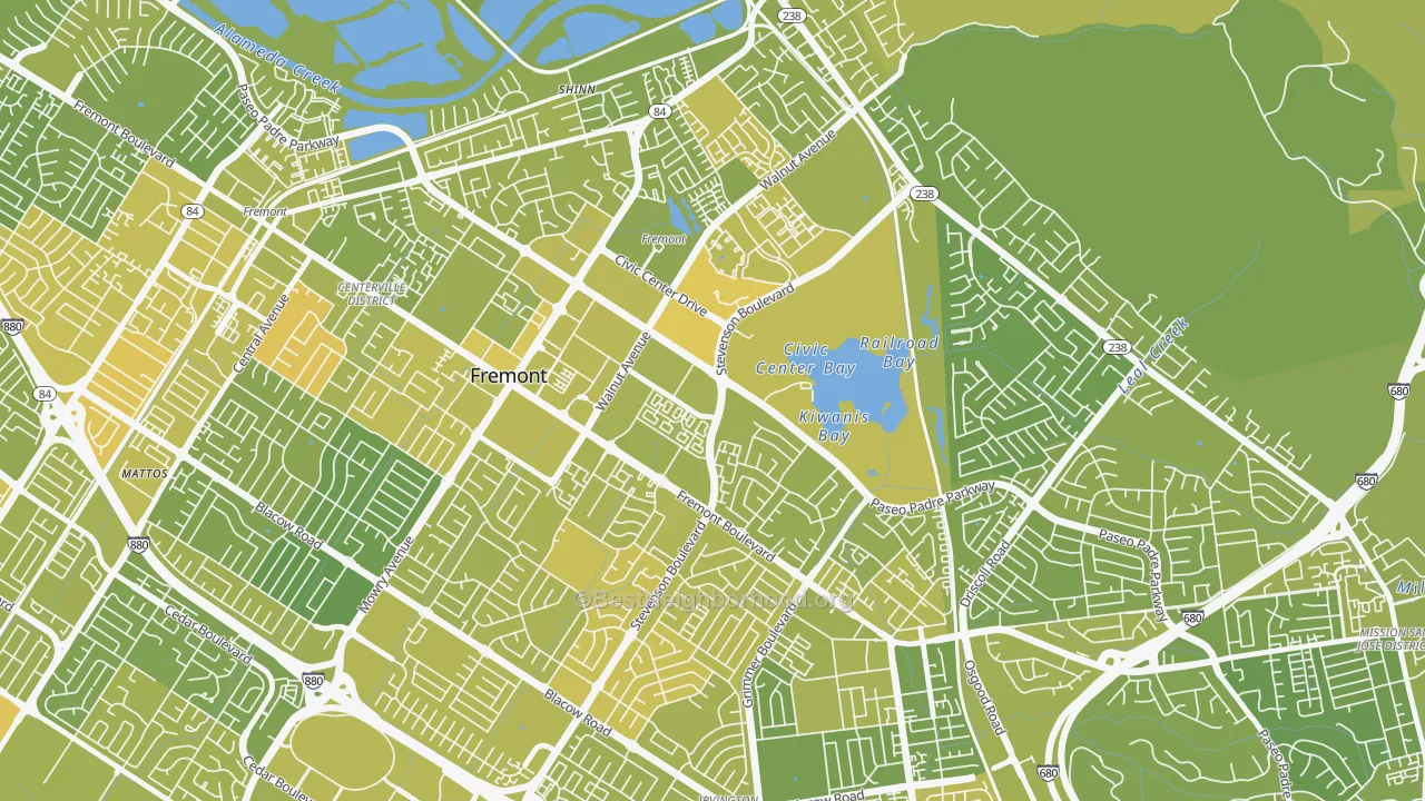 Map of the best neighborhoods in the Downtown Fremont, Fremont area, with better matches in green and worse matches in red