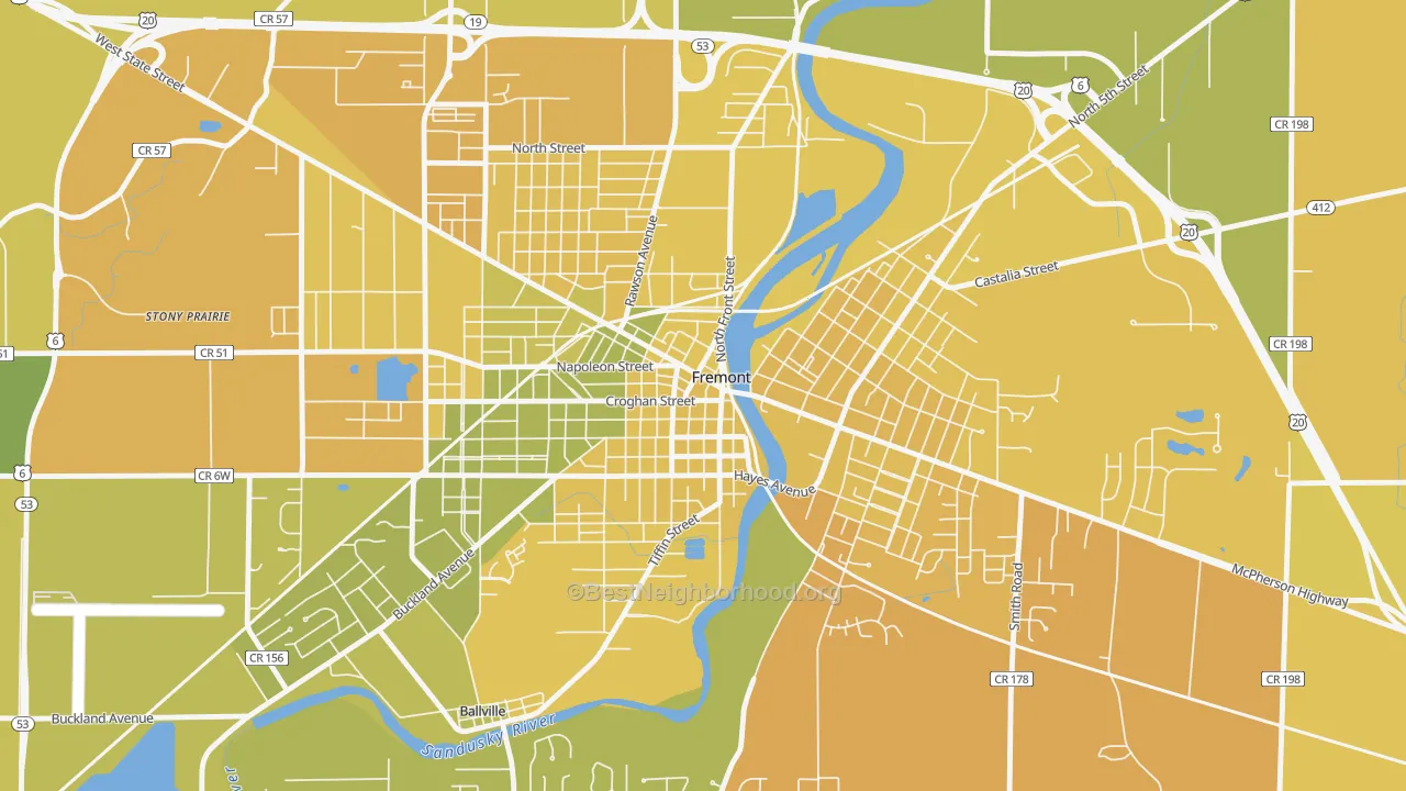 Map of the best neighborhoods in the Downtown Fremont Historic District, Fremont area, with better matches in green and worse matches in red