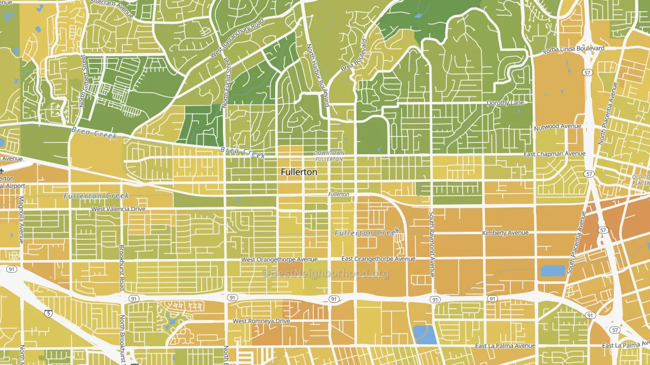 Map of the best neighborhoods in the Downtown Fullerton, Fullerton area, with better matches in green and worse matches in red