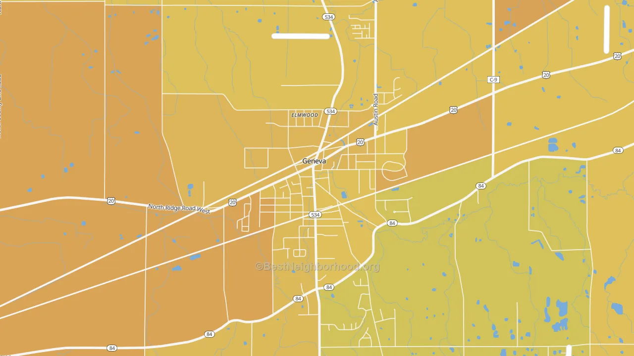 Map of the best neighborhoods in the Downtown Geneva, Geneva area, with better matches in green and worse matches in red