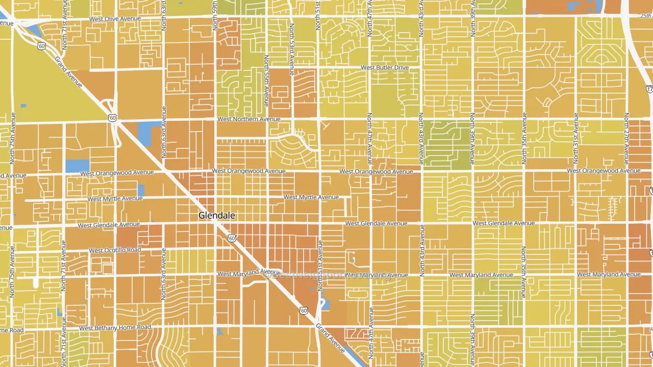 Map of the best neighborhoods in the Downtown Glendale, Glendale area, with better matches in green and worse matches in red