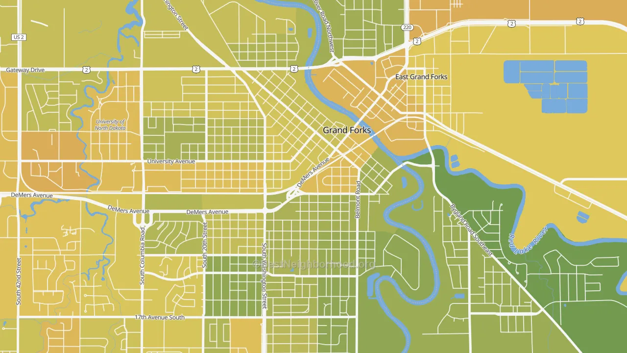 Map of the best neighborhoods in the Downtown Grand Forks, Grand Forks area, with better matches in green and worse matches in red