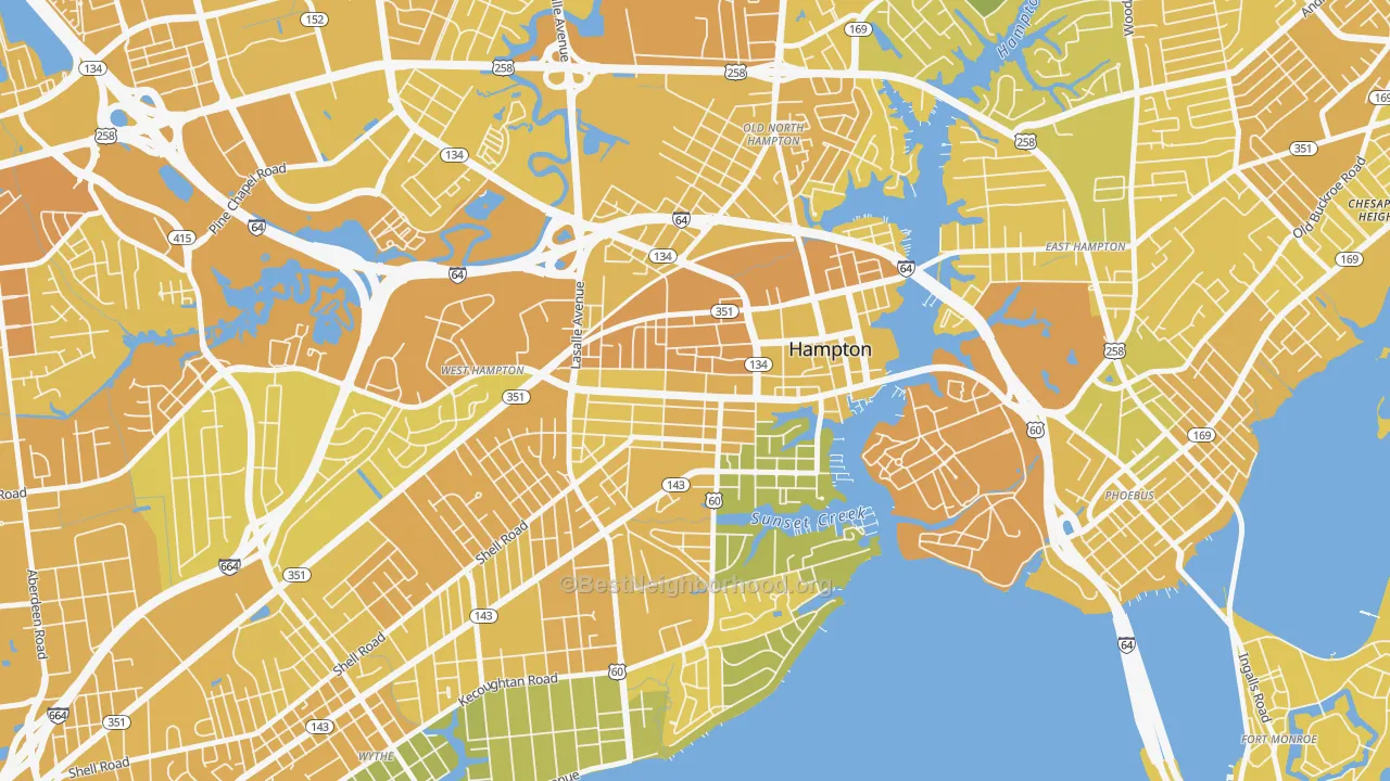 Map of the best neighborhoods in the Downtown Hampton, Hampton area, with better matches in green and worse matches in red