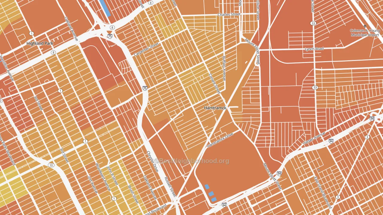 Map of the best neighborhoods in the Downtown Hamtramck, Hamtramck area, with better matches in green and worse matches in red