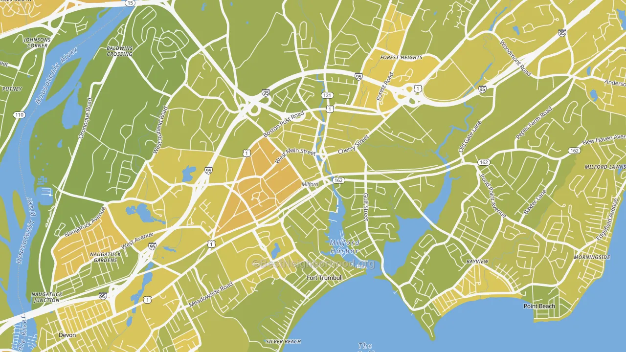 Map of the best neighborhoods in the Downtown Harbor-Post Road South, Milford area, with better matches in green and worse matches in red