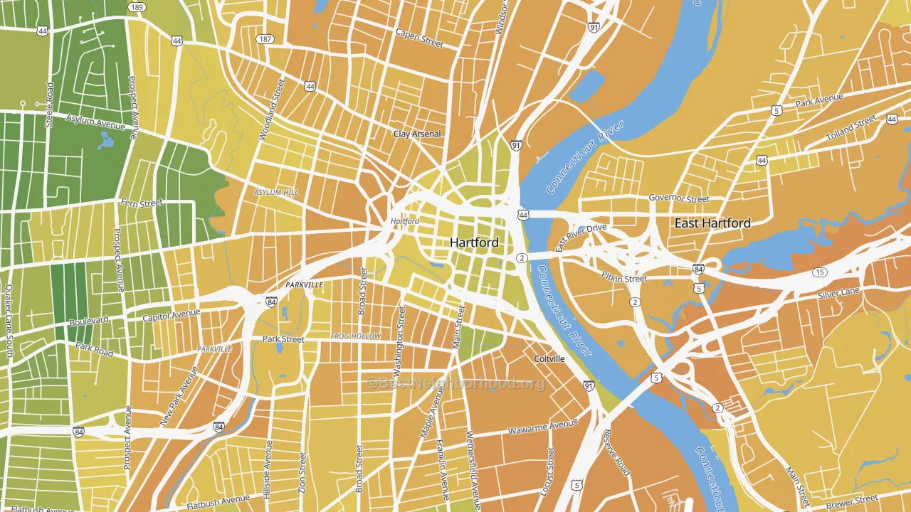 Map of the best neighborhoods in the Downtown Hartford, Hartford area, with better matches in green and worse matches in red
