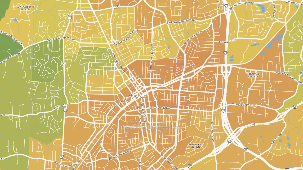 Map of the best neighborhoods in the Downtown High Point, High Point area, with better matches in green and worse matches in red