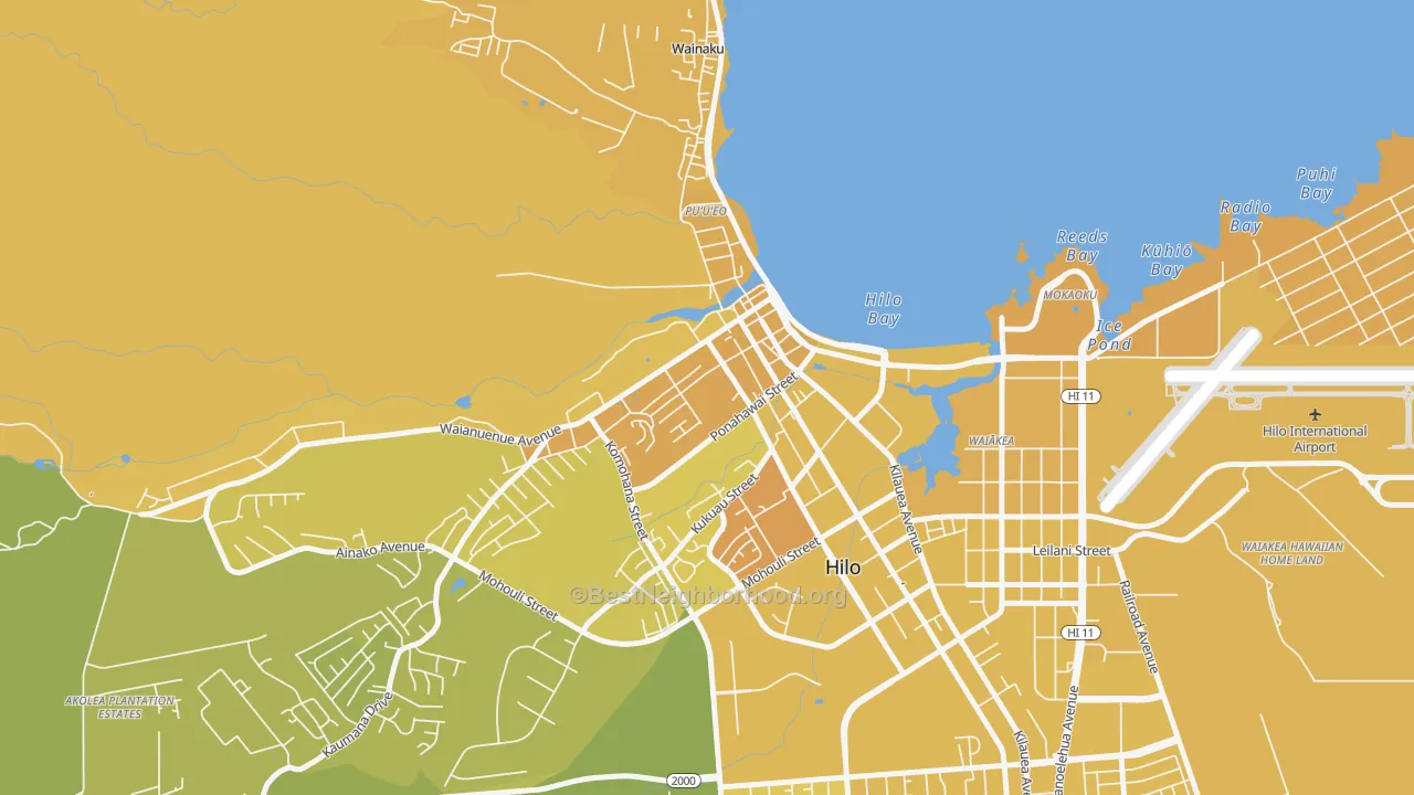 Map of the best neighborhoods in the Downtown Hilo, Hilo area, with better matches in green and worse matches in red