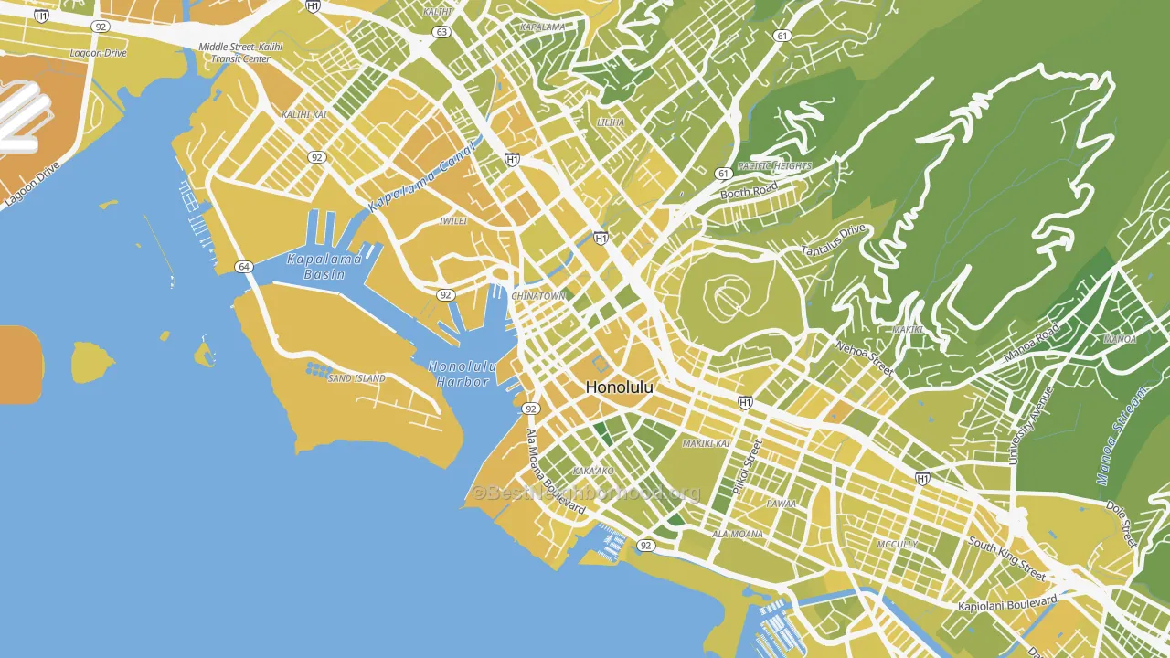 Map of the best neighborhoods in the Downtown, Honolulu area, with better matches in green and worse matches in red