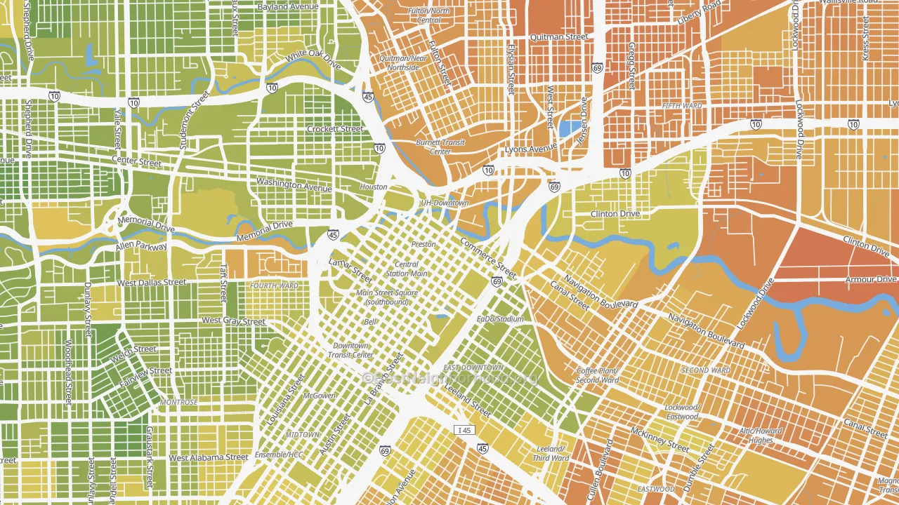 Map of the best neighborhoods in the Downtown Houston, Houston area, with better matches in green and worse matches in red