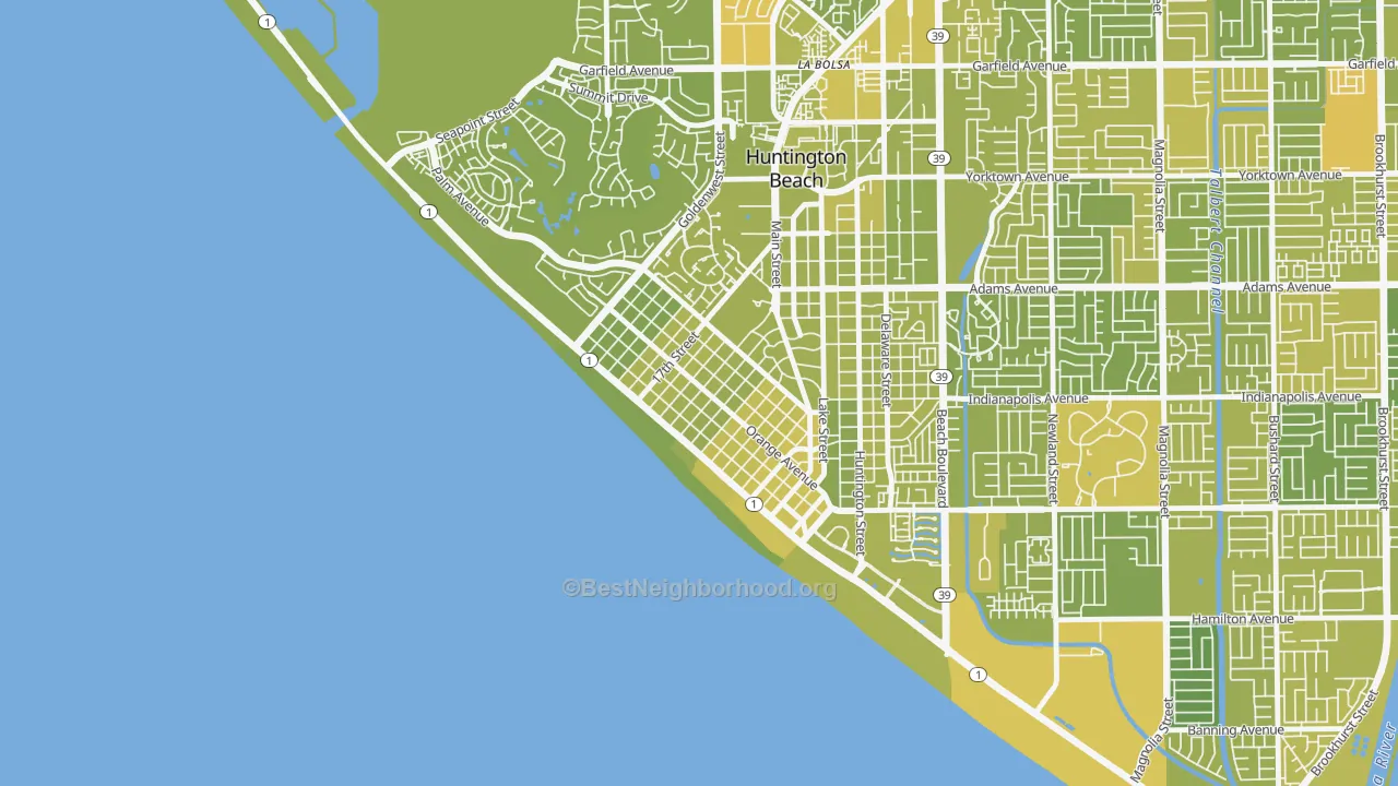 Map of the best neighborhoods in the Downtown Huntington Beach, Huntington Beach area, with better matches in green and worse matches in red