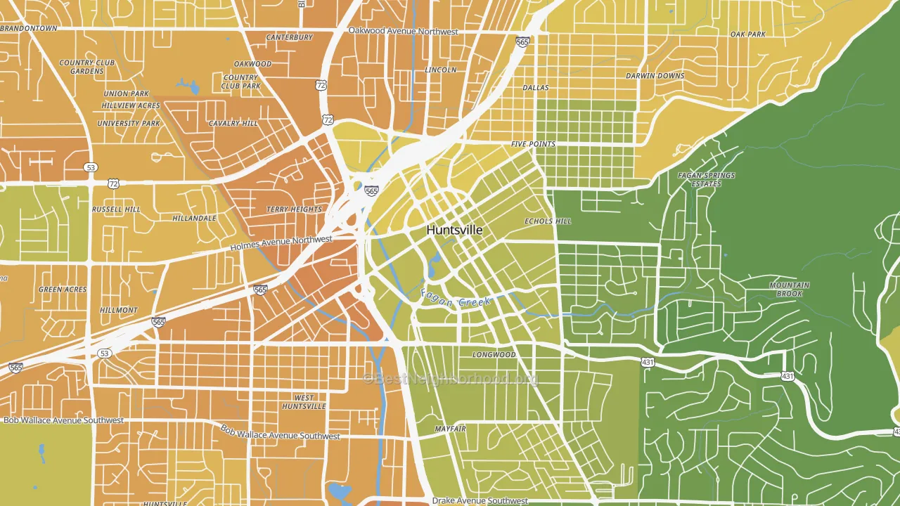 Map of the best neighborhoods in the Downtown Huntsville, Huntsville area, with better matches in green and worse matches in red