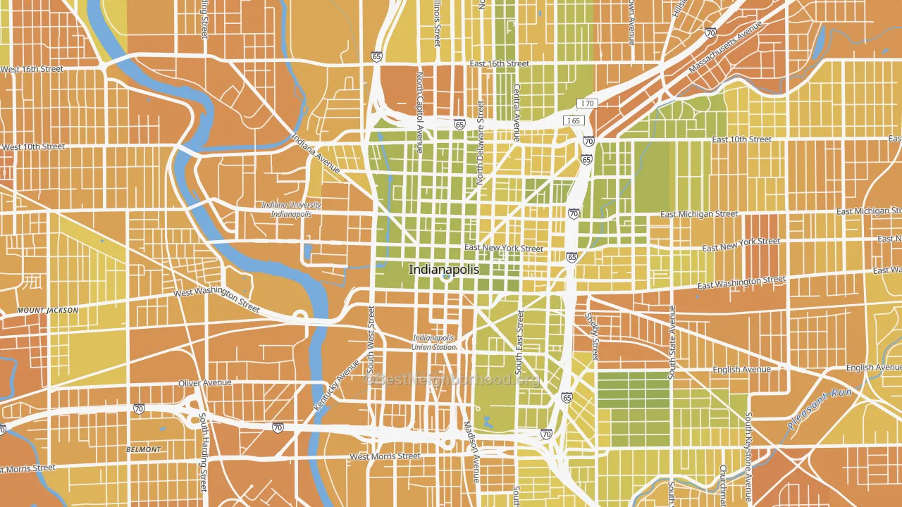 Map of the best neighborhoods in the Downtown Indianapolis, Indianapolis area, with better matches in green and worse matches in red