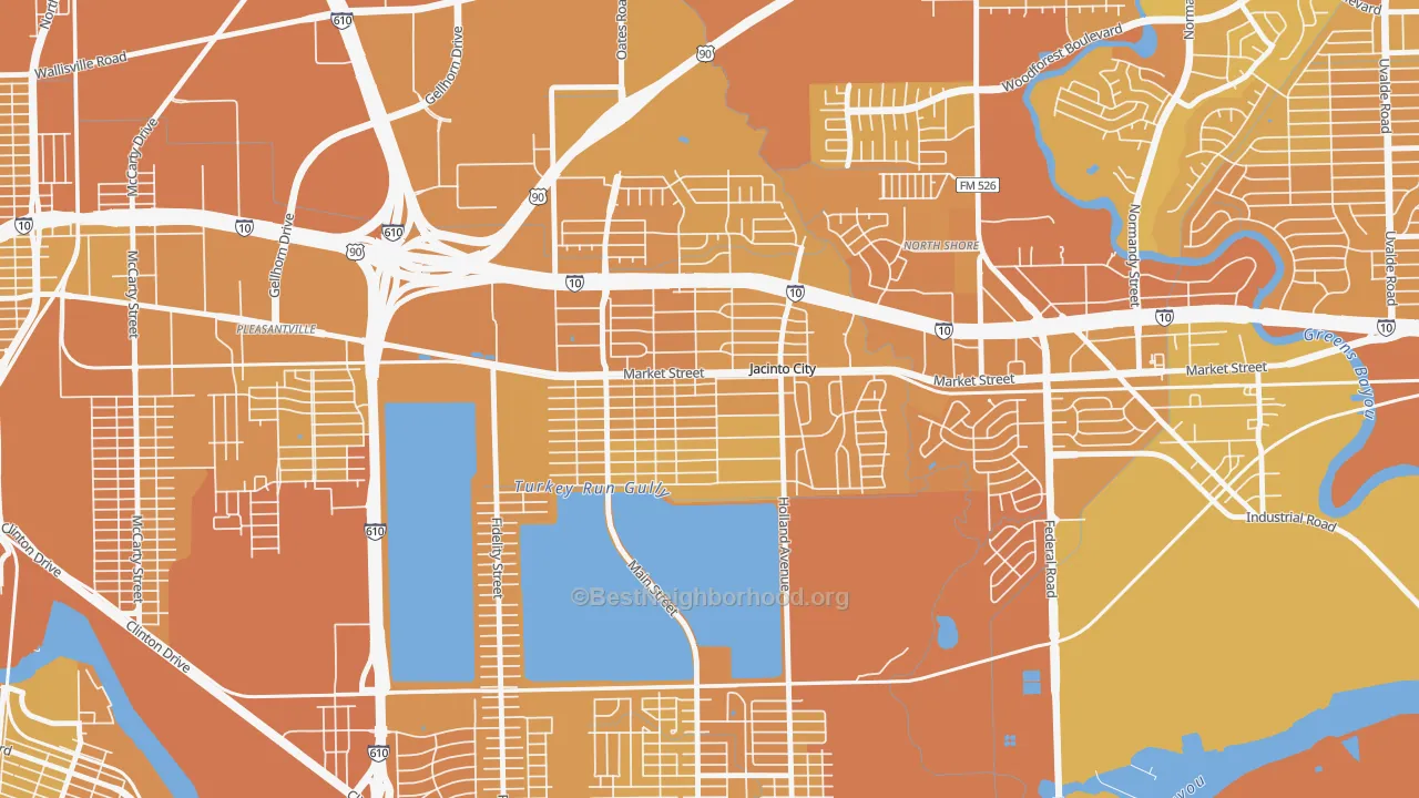 Map of the best neighborhoods in the Downtown Jacinto City, Jacinto City area, with better matches in green and worse matches in red