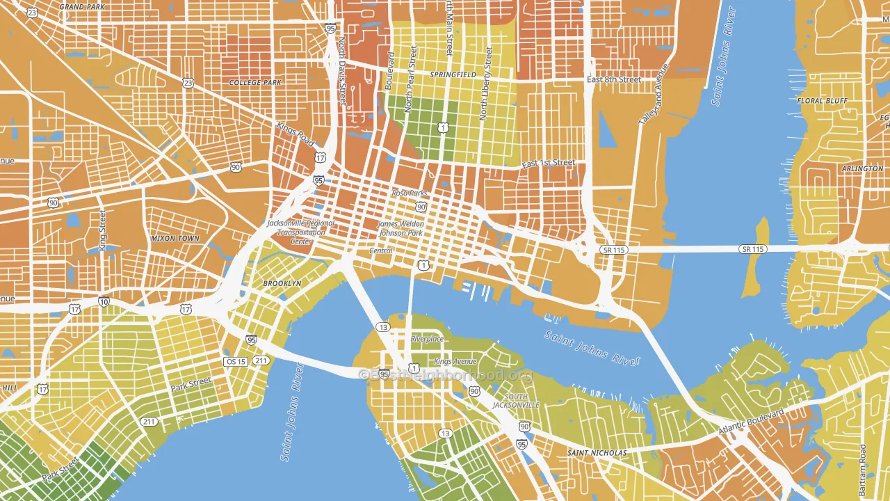Map of the best neighborhoods in the Downtown Jacksonville, Jacksonville area, with better matches in green and worse matches in red