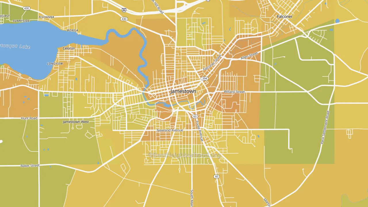 Map of the best neighborhoods in the Downtown Jamestown, Jamestown area, with better matches in green and worse matches in red