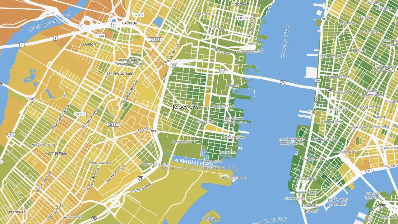 Map of the best neighborhoods in the Downtown Jersey City, Jersey City area, with better matches in green and worse matches in red