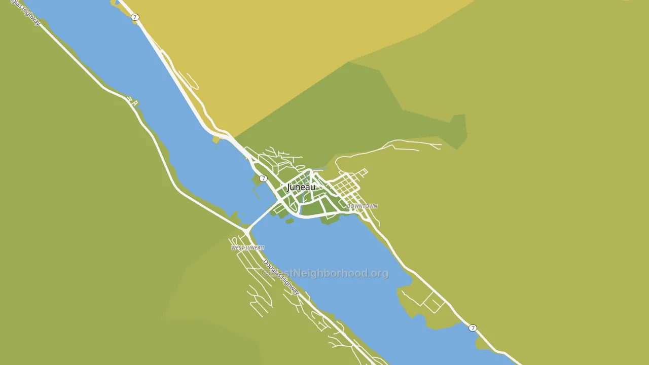 Map of the best neighborhoods in the Downtown Juneau, Juneau area, with better matches in green and worse matches in red
