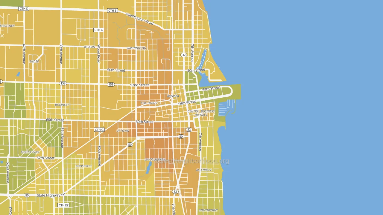 Map of the best neighborhoods in the Downtown, Kenosha area, with better matches in green and worse matches in red
