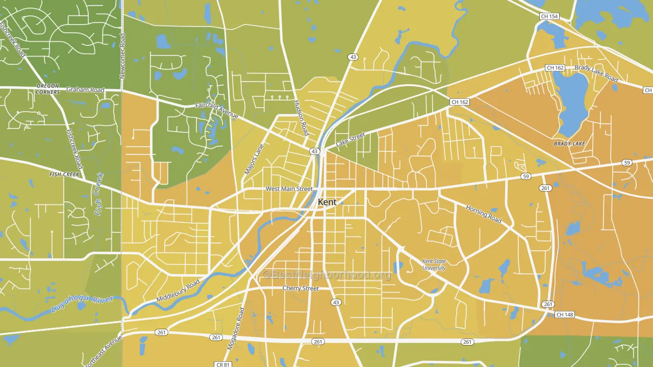 Map of the best neighborhoods in the Downtown Kent, Kent area, with better matches in green and worse matches in red