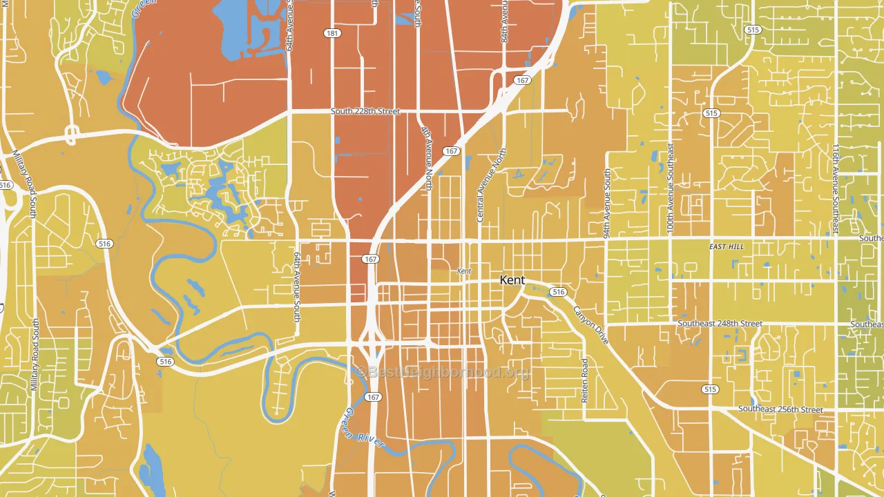 Map of the best neighborhoods in the Downtown, Kent area, with better matches in green and worse matches in red