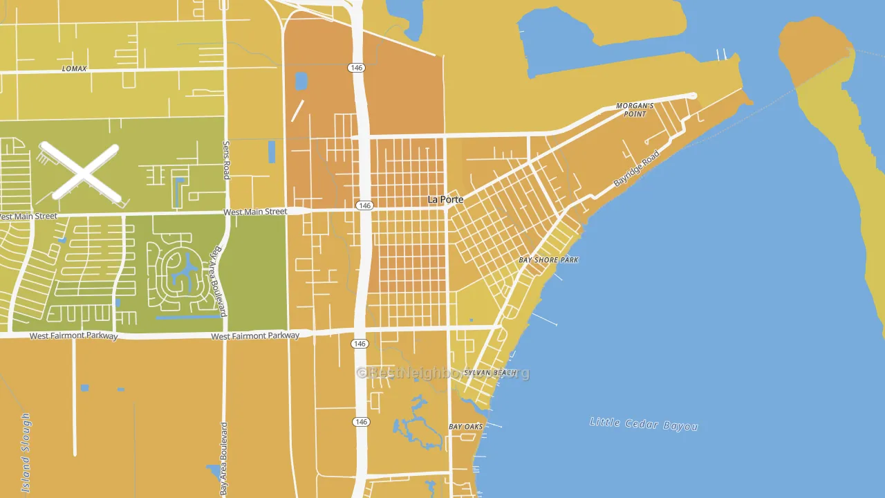 Map of the best neighborhoods in the Downtown La Porte, La Porte area, with better matches in green and worse matches in red