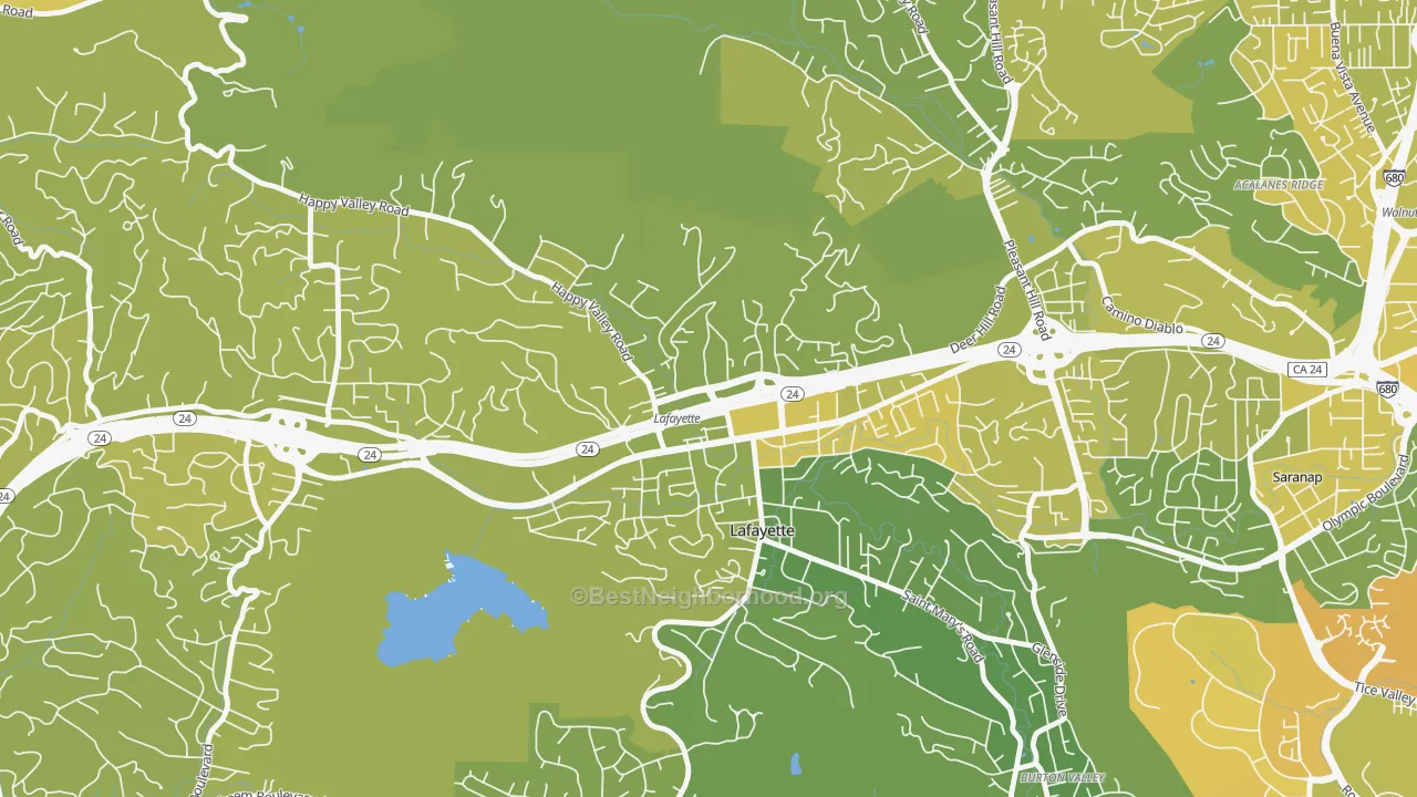 Map of the best neighborhoods in the Downtown Lafayette, Lafayette area, with better matches in green and worse matches in red
