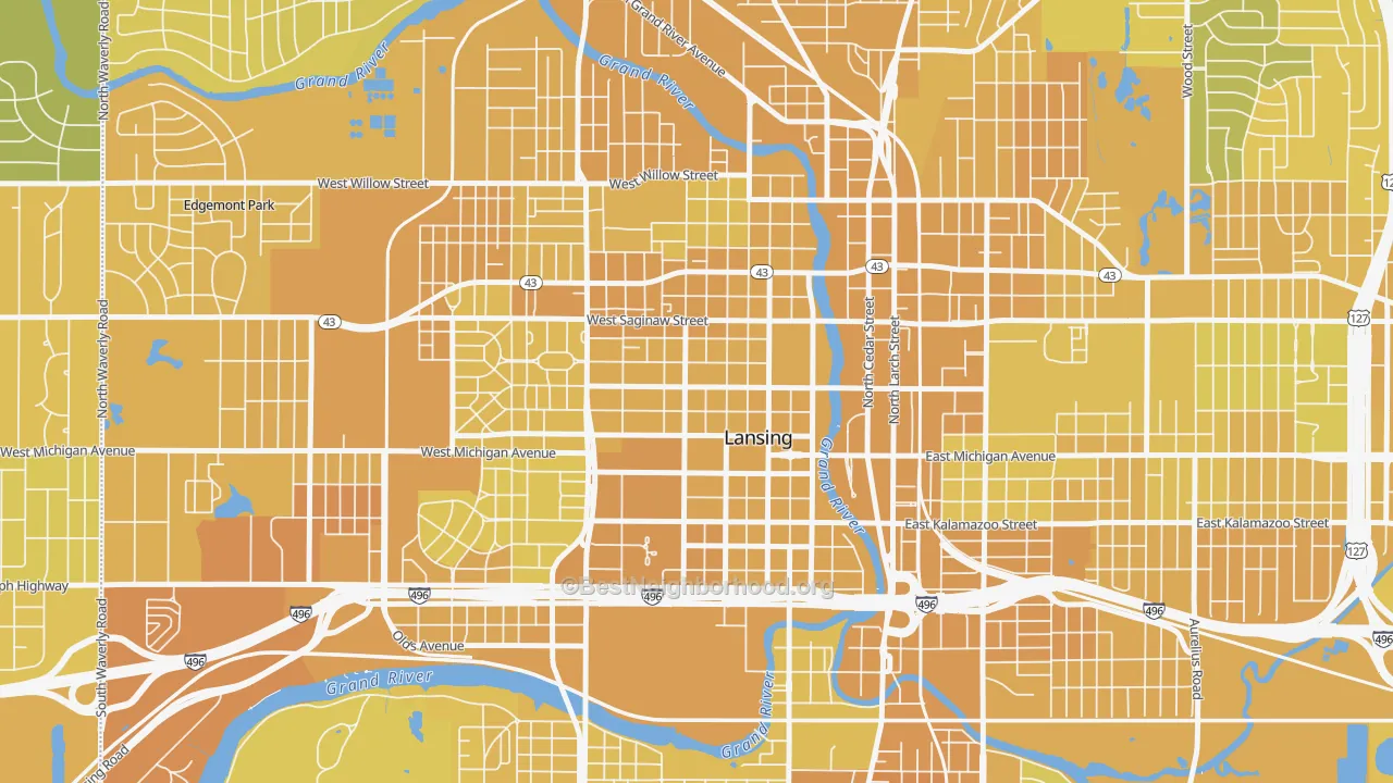 Map of the best neighborhoods in the Downtown Lansing, Lansing area, with better matches in green and worse matches in red