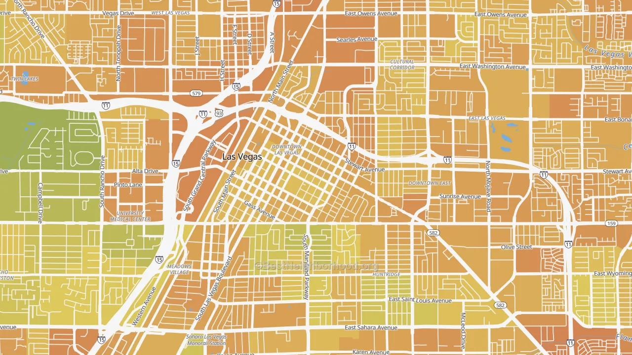 Map of the best neighborhoods in the Downtown, Las Vegas area, with better matches in green and worse matches in red