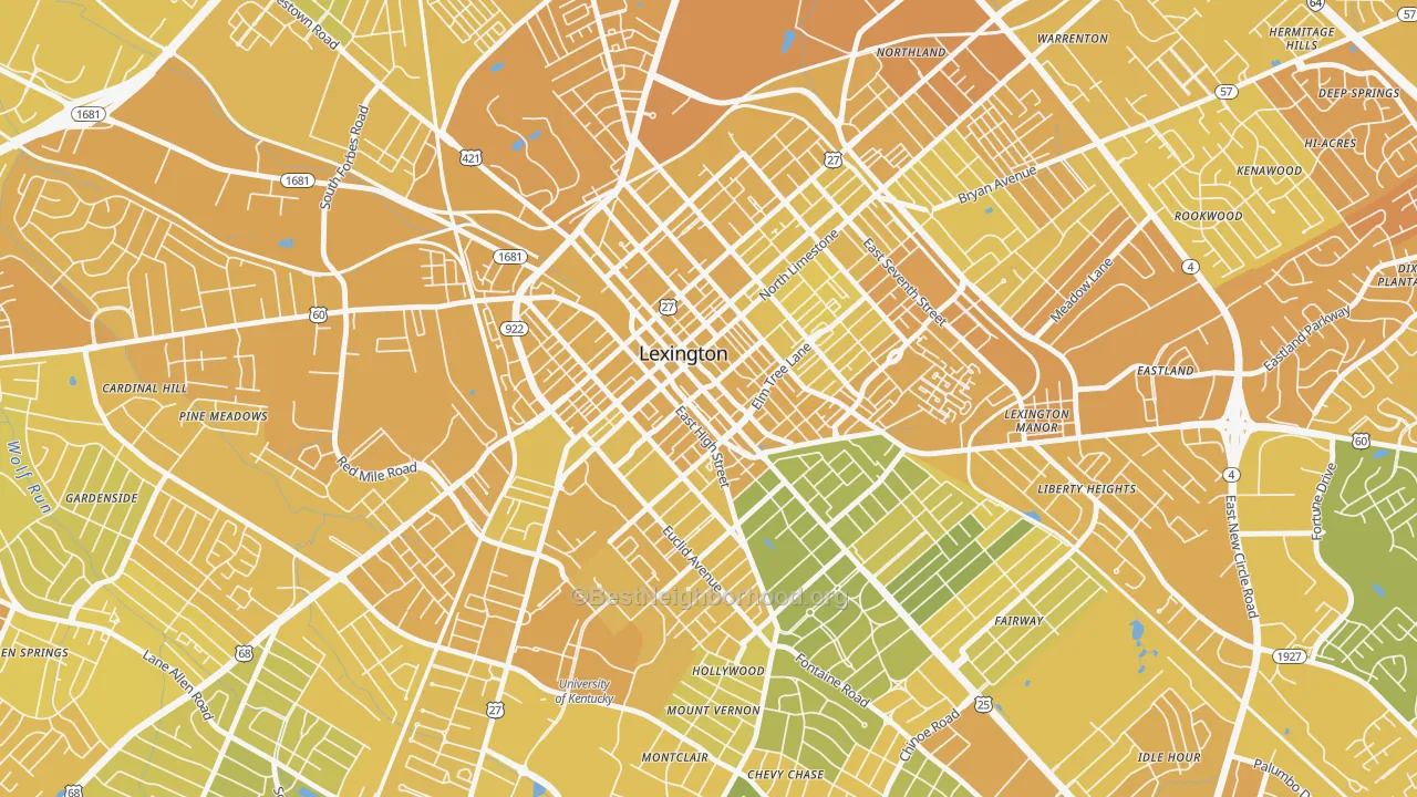 Map of the best neighborhoods in the Downtown Lexington, Lexington area, with better matches in green and worse matches in red