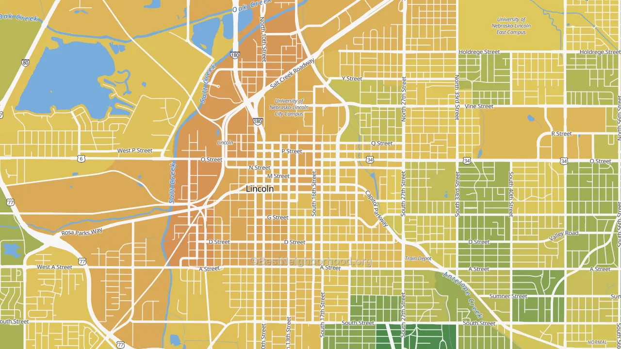 Map of the best neighborhoods in the Downtown Lincoln, Lincoln area, with better matches in green and worse matches in red
