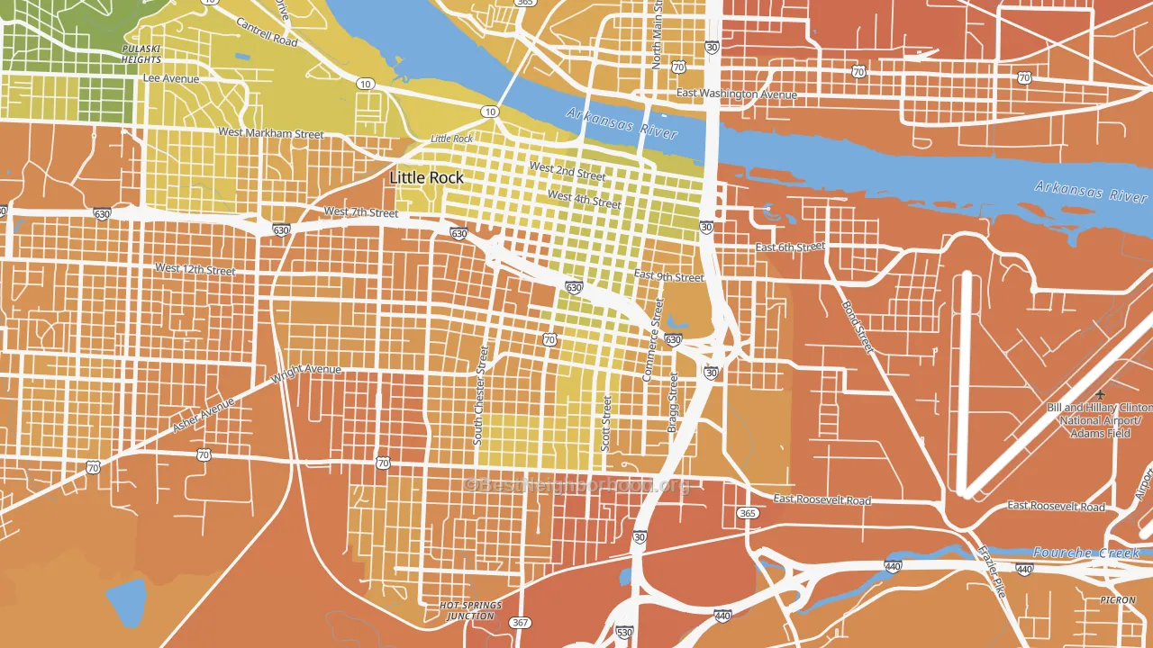 Map of the best neighborhoods in the Downtown Little Rock, Little Rock area, with better matches in green and worse matches in red