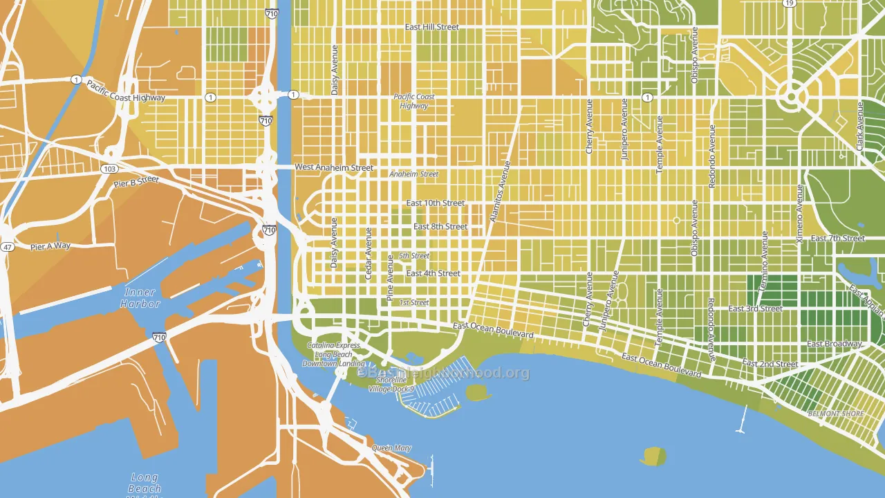 Map of the best neighborhoods in the Downtown Long Beach, Long Beach area, with better matches in green and worse matches in red