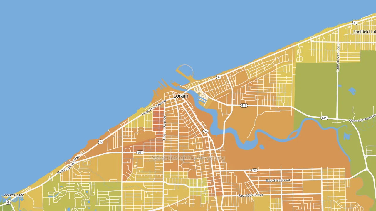 Map of the best neighborhoods in the Downtown Lorain, Lorain area, with better matches in green and worse matches in red