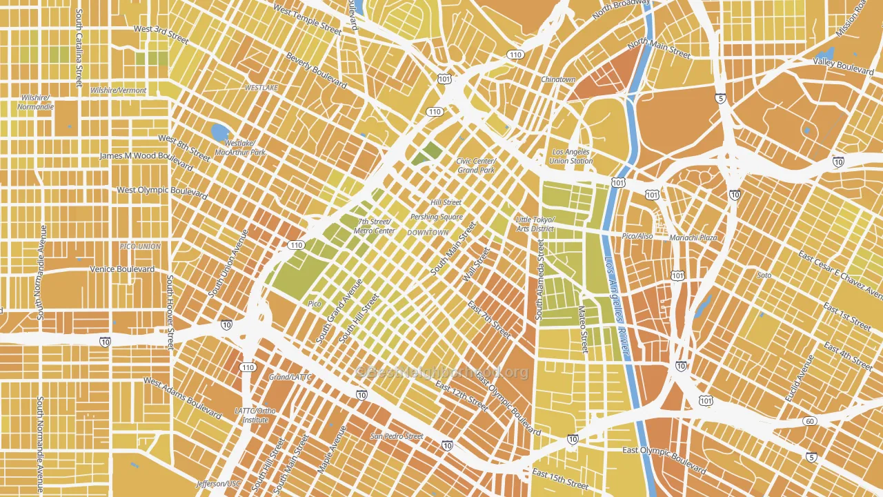 Map of the best neighborhoods in the Downtown Los Angeles, Los Angeles area, with better matches in green and worse matches in red