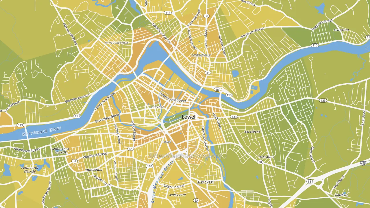 Map of the best neighborhoods in the Downtown Lowell, Lowell area, with better matches in green and worse matches in red