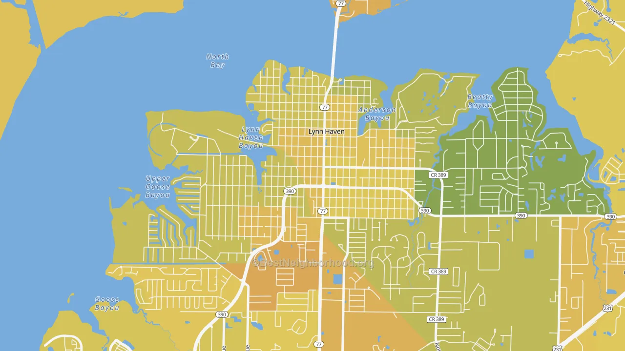 Map of the best neighborhoods in the Downtown Lynn Haven, Lynn Haven area, with better matches in green and worse matches in red